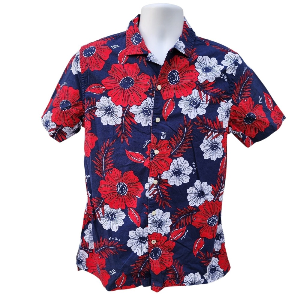 Nautica Jeans Co Floral Hawaiian Shirt Mens Small Red Blue Button Front
